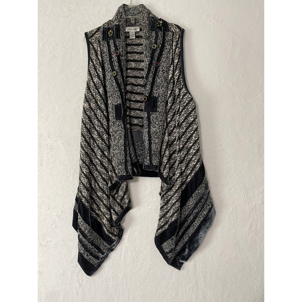 Anis A Womens Black White Striped Vest Velvet Trim Handkerchief Hem Large Boho